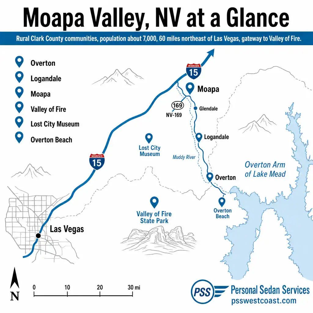 Moapa Valley Nevada At A Glance Map Infographic Overton Logandale Valley Of Fire Lake Mead – Personal Sedan Services Map infographic of Moapa Valley Nevada showing Overton, Logandale, and Moapa along the Muddy River with Valley of Fire and Lake Mead
