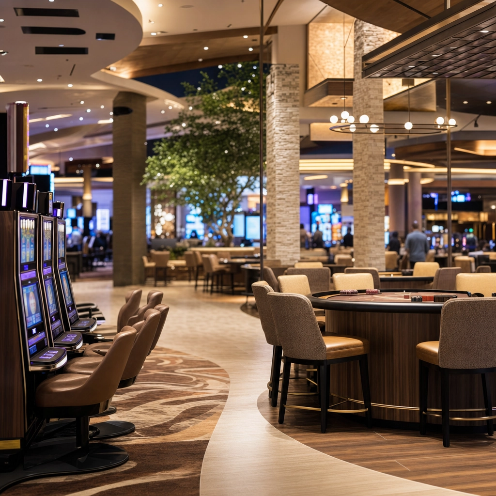 Brand-new modern Las Vegas locals casino floor with warm desert-toned design and contemporary lighting