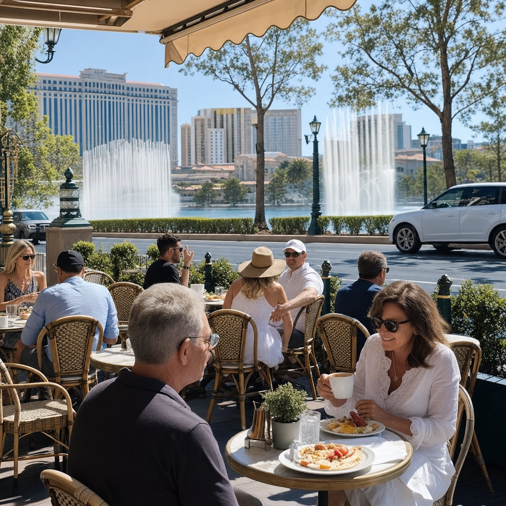 Mon Ami Gabi Patio Bellagio Fountain Views – Personal Sedan Services Open-air French bistro brunch patio on the Las Vegas Strip facing the Bellagio fountains