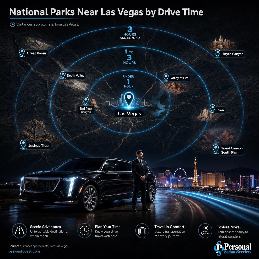 Illustrated map showing national parks near Las Vegas grouped into drive-time rings under 1 hour, 1 to 3 hours, and beyond