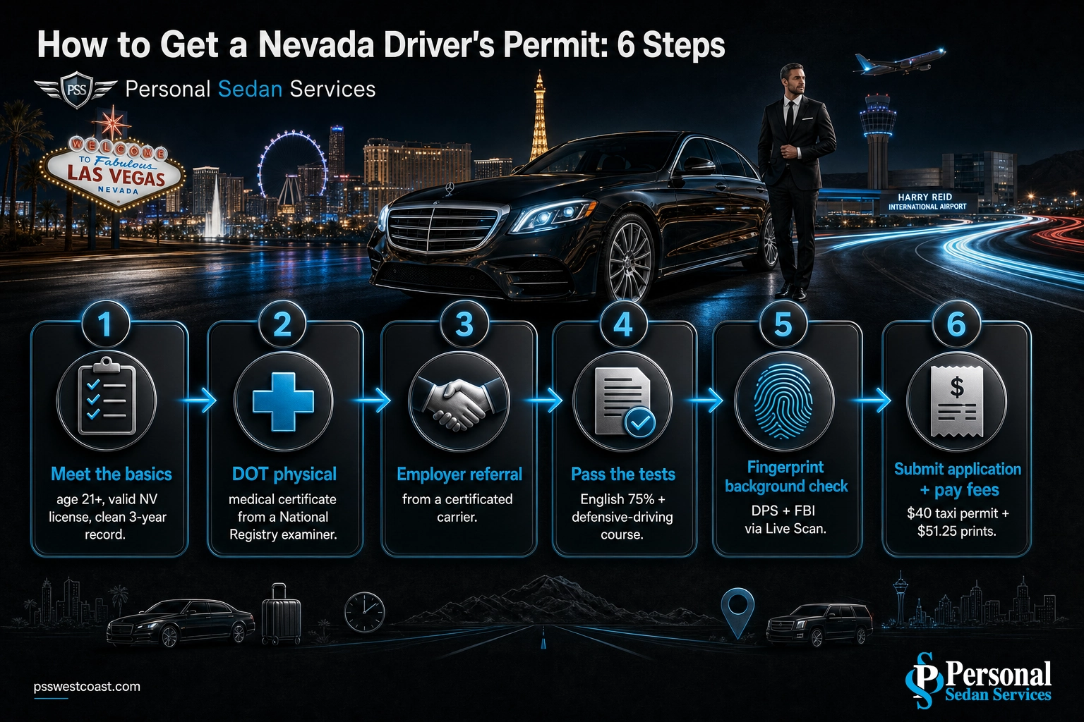 Six-step infographic showing the Nevada for-hire driver permit process from basic requirements to paying fees