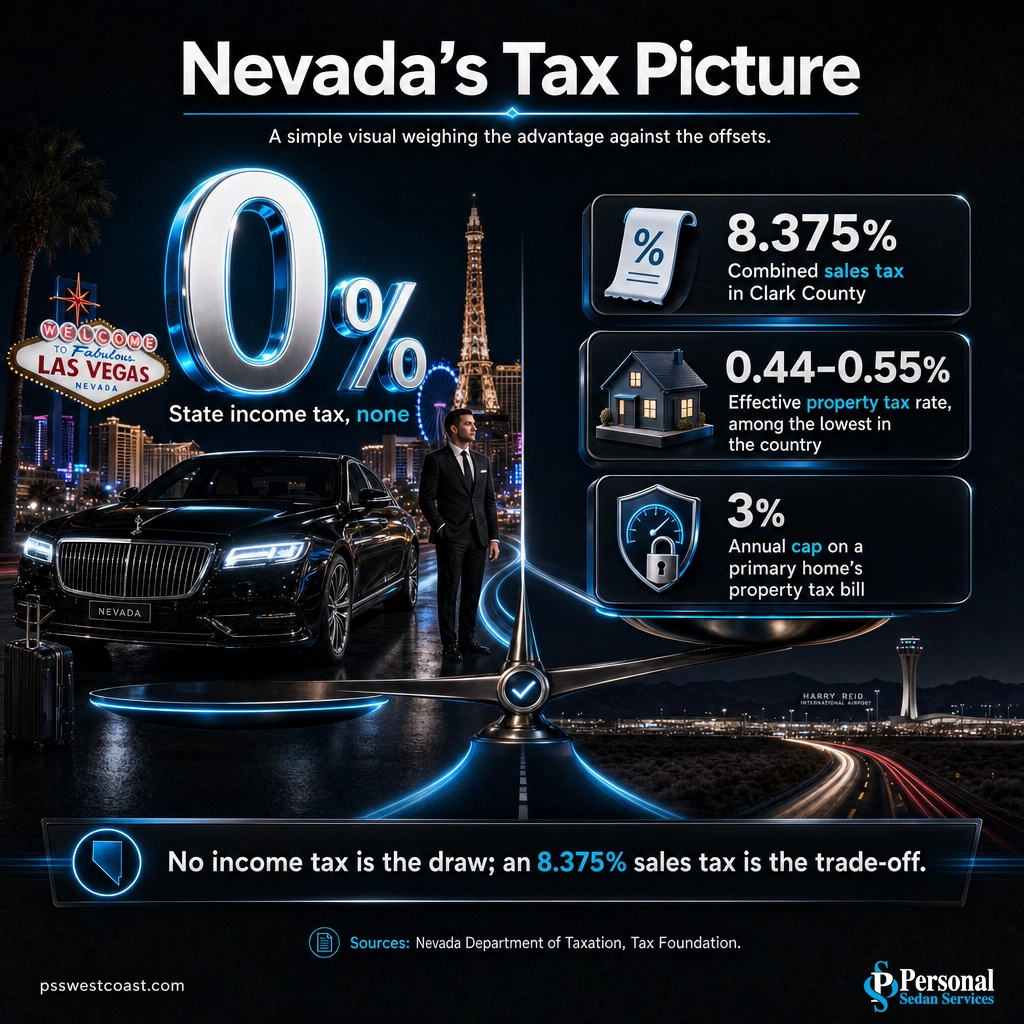 Infographic showing Nevada no state income tax against Clark County 8.375 percent sales tax and low property tax