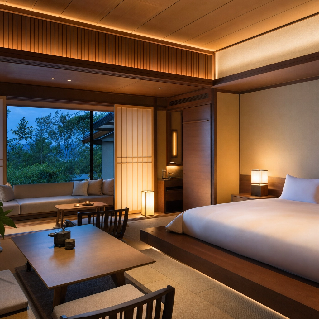 Nobu Hotel Japanese-Inspired Boutique Room – Personal Sedan Services Intimate Japanese-inspired luxury boutique hotel room with warm wood tones, representing Nobu Hotel at Caesars Palace
