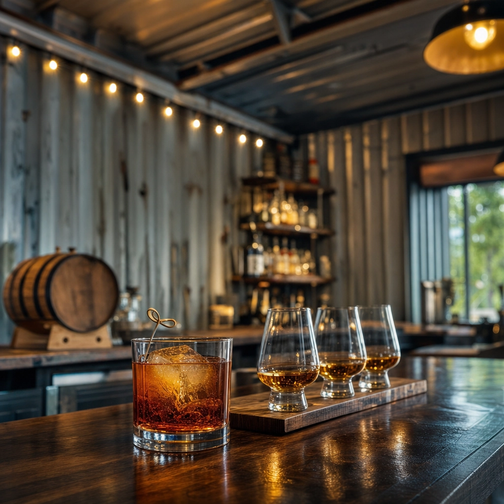 Oak And Ivy Whiskey Flight Container Park – Personal Sedan Services Barrel-aged cocktail and whiskey flight on a dark counter at a Container Park whiskey bar