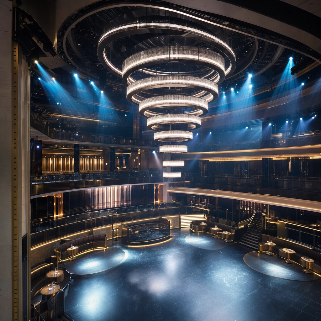 Omnia Nightclub Caesars Palace Kinetic Chandelier Main Room – Personal Sedan Services Grand Las Vegas nightclub interior with a large kinetic ring chandelier over the dance floor at Omnia