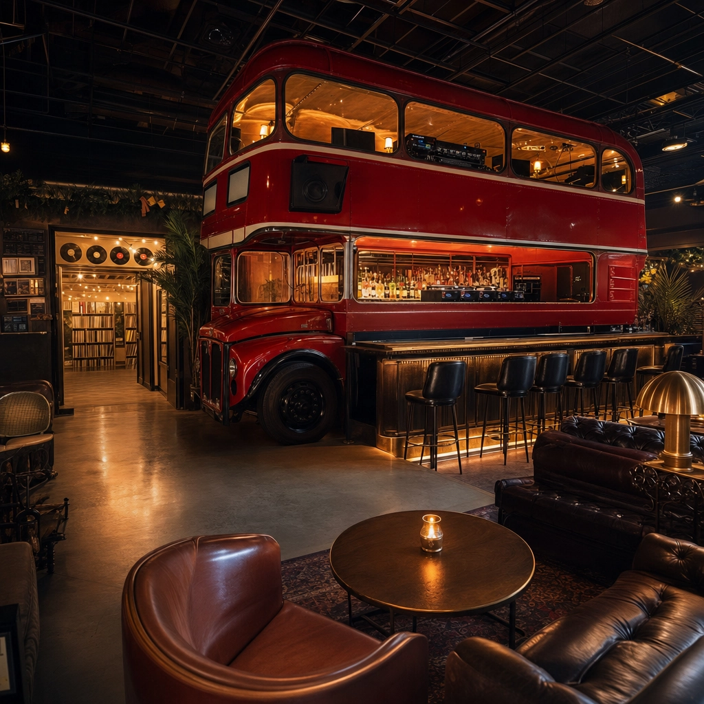 On The Record Speakeasy With Vintage Double-Decker Bus DJ Booth – Personal Sedan Services Vinyl-era Las Vegas speakeasy nightclub interior with a converted double-decker bus DJ booth at On The Record