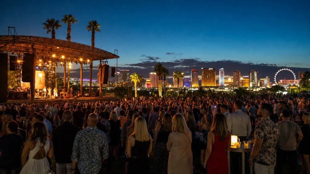Crowd at an outdoor evening concert on a Las Vegas festival field with the Strip skyline behind
