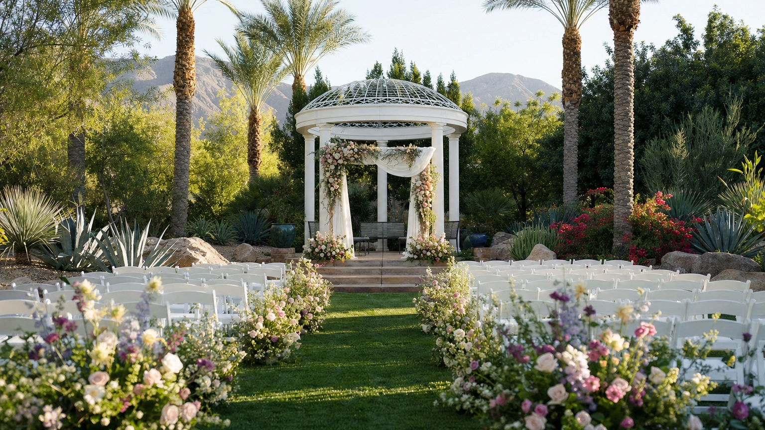 Garden wedding gazebo and floral arbor in a lush Las Vegas botanical garden setting