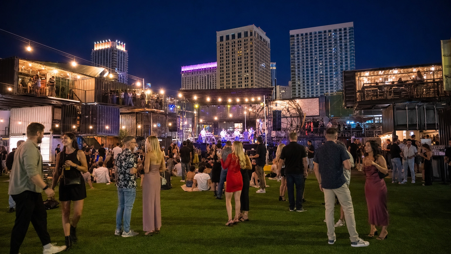 Evening lawn party with a lit live-music stage in an urban shipping-container marketplace in Las Vegas