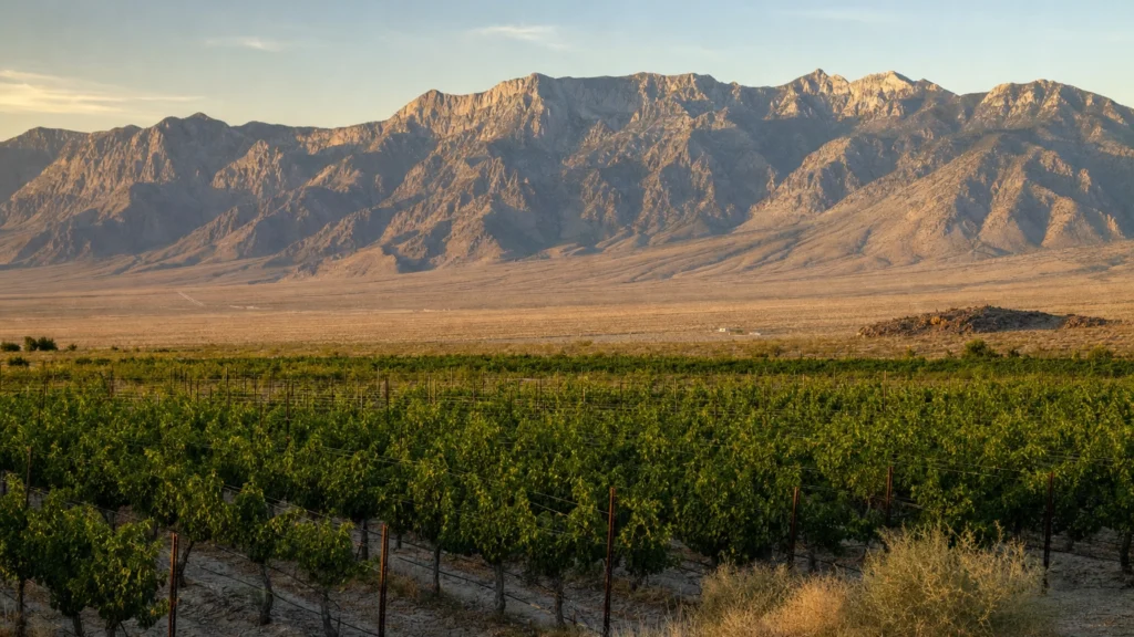 Pahrump Valley vineyard in Nevada with the Spring Mountains behind it at golden hour