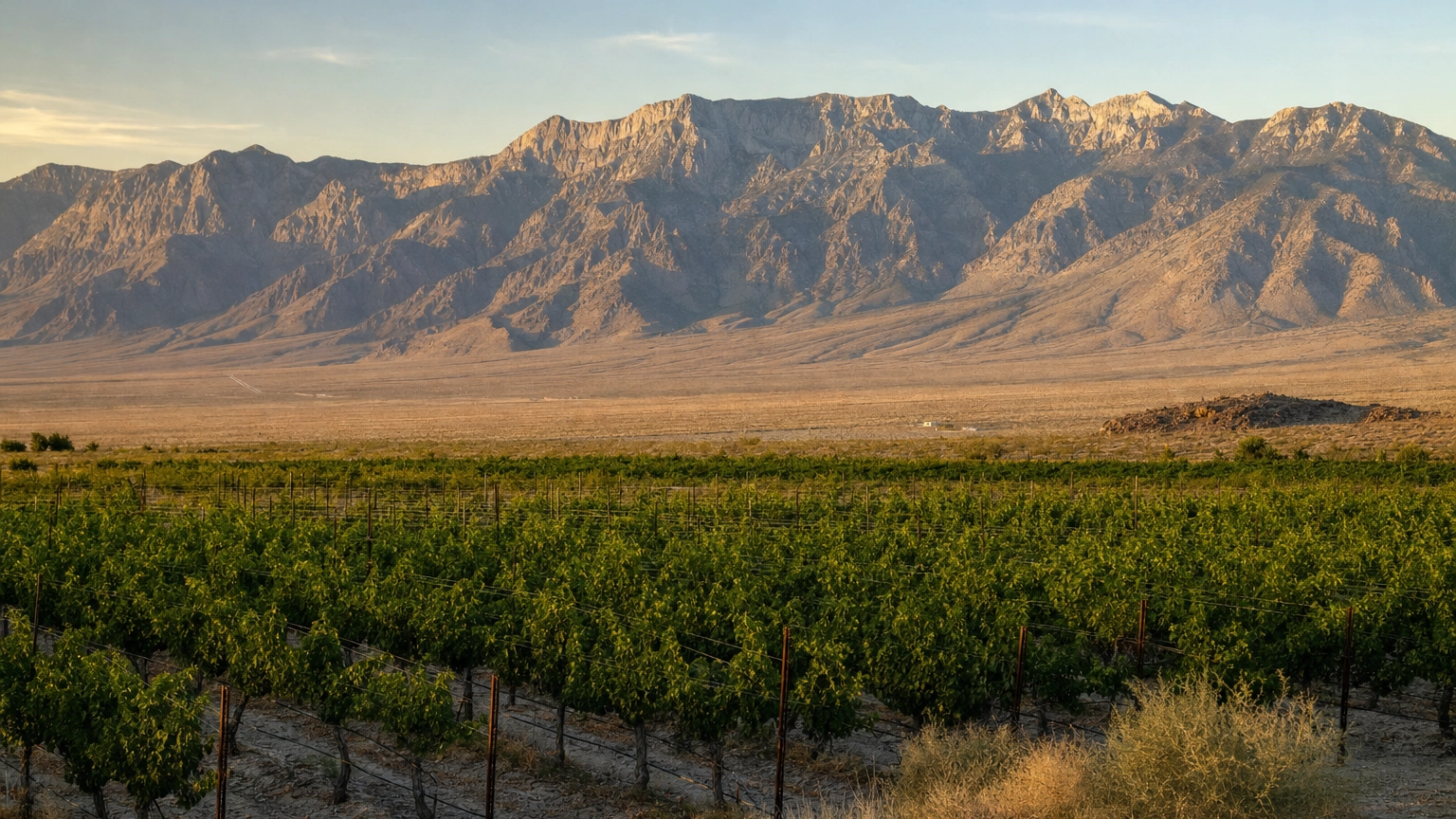 Pahrump Valley vineyard in Nevada with the Spring Mountains behind it at golden hour