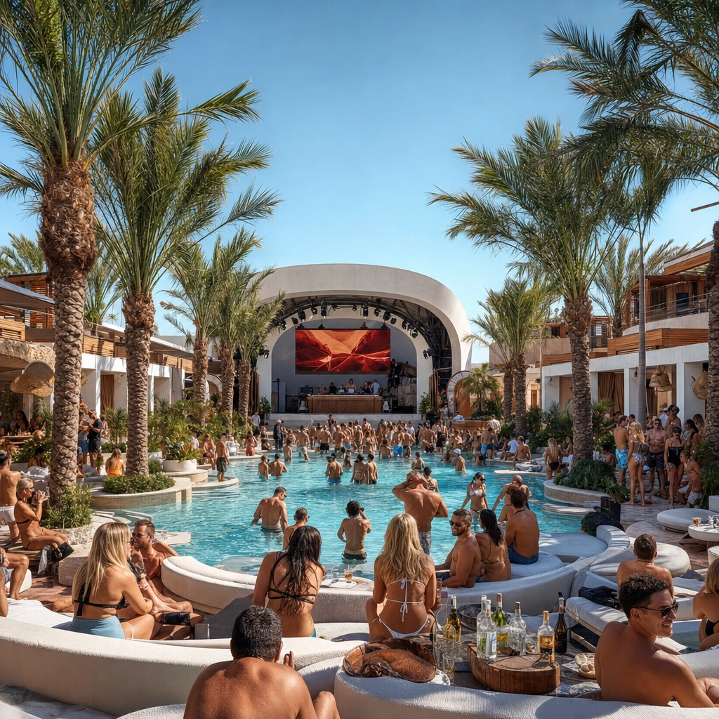 Palm Tree Beach Club Las Vegas Dayclub Stage – Personal Sedan Services Tropical Las Vegas dayclub pool with a ground-level performance stage, palm trees and a daytime crowd