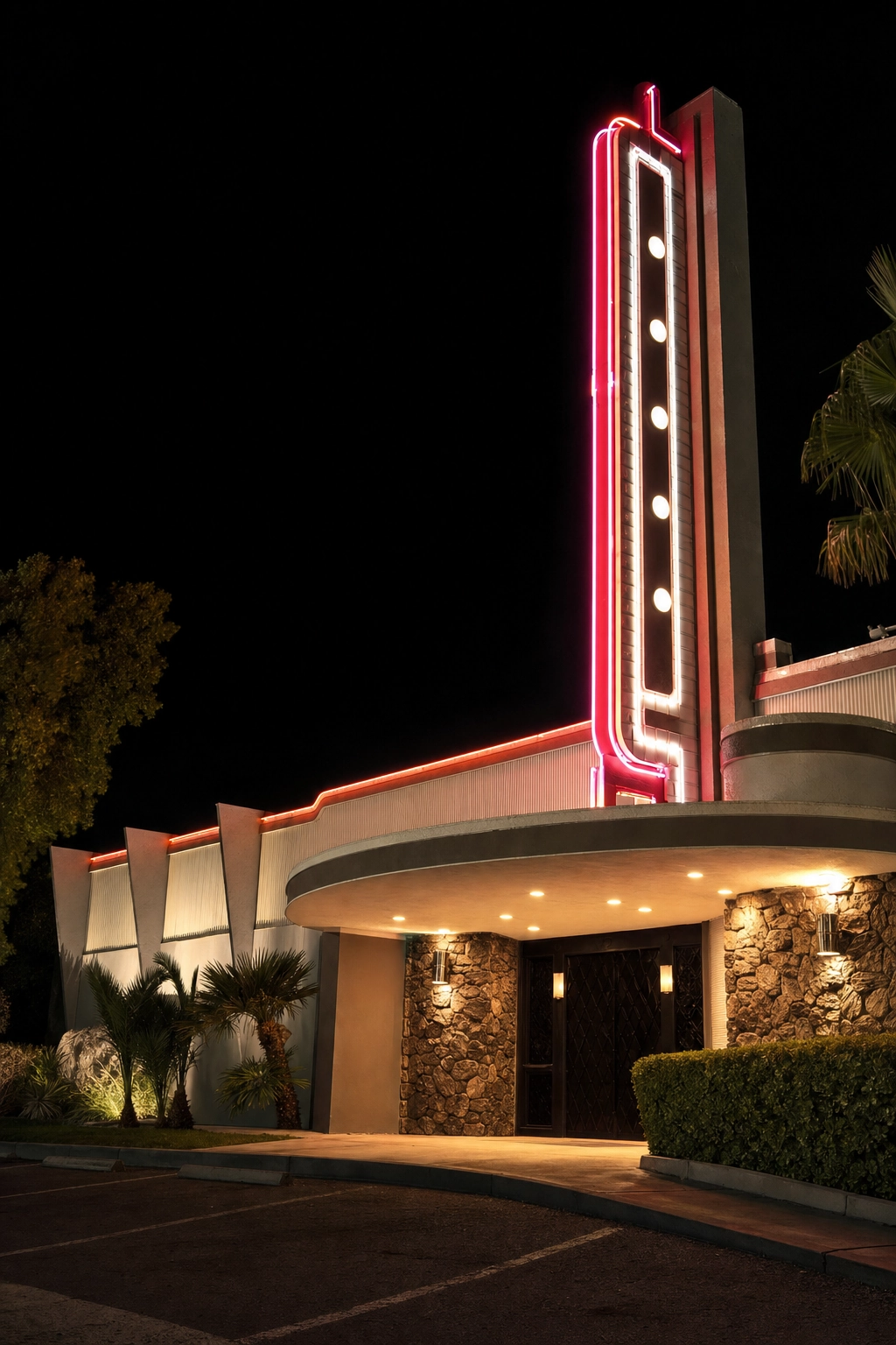Classic longstanding North Las Vegas club exterior with a retro neon marquee at night, in the style of the Palomino Club