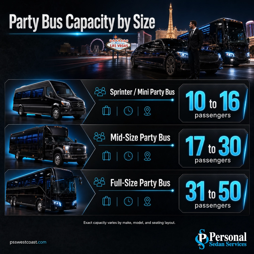 Party Bus Capacity By Size Tier – Personal Sedan Services Three-tier infographic showing party bus capacity: sprinter 10 to 16, mid-size 17 to 30, full-size 31 to 50 passengers