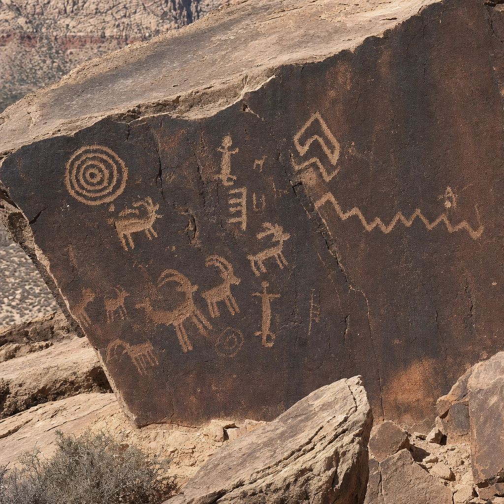 Petroglyph Wall Red Rock Canyon – Personal Sedan Services Ancient petroglyphs etched into a dark sandstone panel at the Petroglyph Wall in Red Rock Canyon