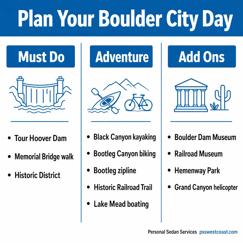 Infographic organizing Boulder City things to do into must-do, adventure, and add-on tiers to help plan a visit