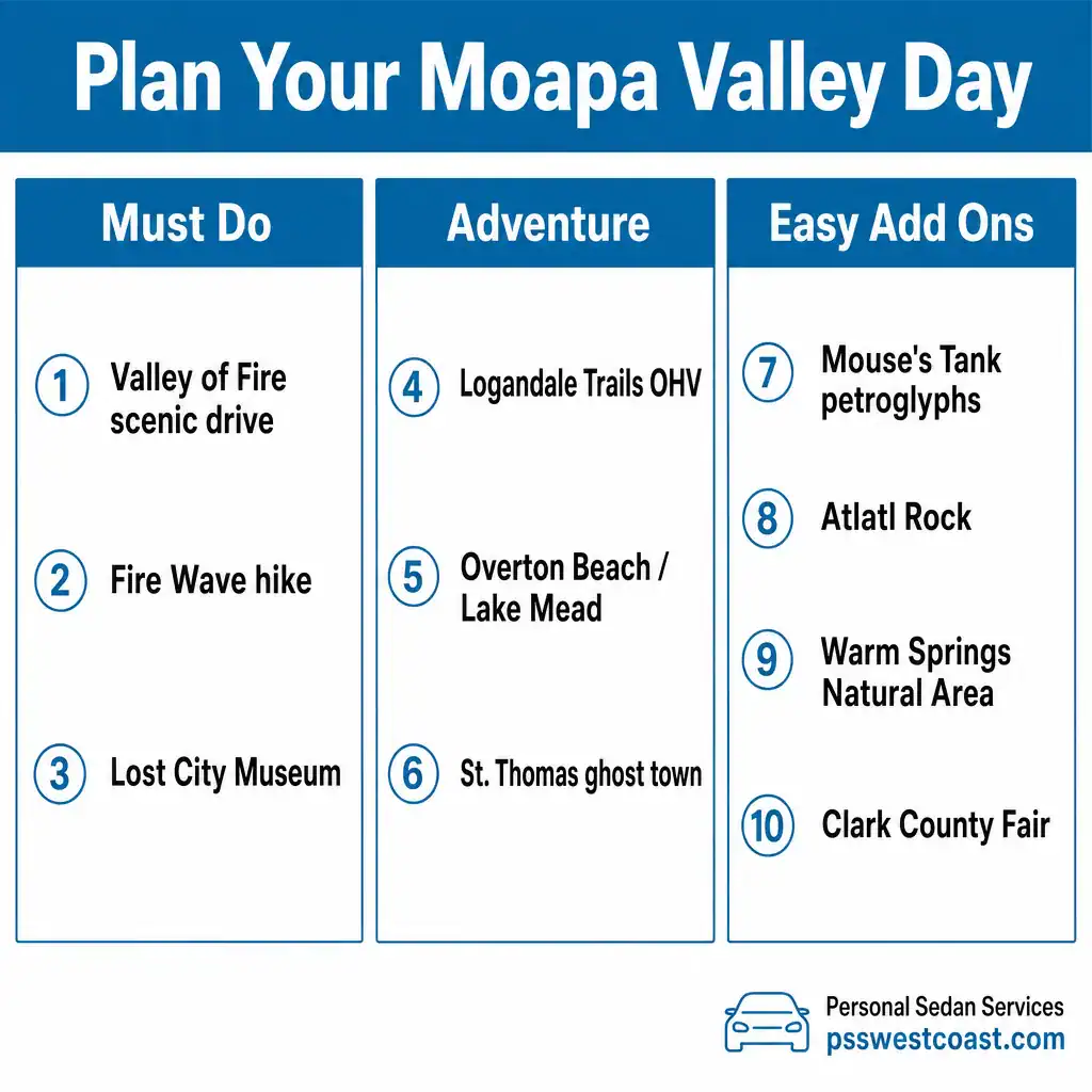 Plan Your Moapa Valley Nevada Day Infographic Must Do Adventure Add Ons Priority – Personal Sedan Services Infographic organizing Moapa Valley things to do into must-do, adventure, and easy add-on tiers to help plan a visit
