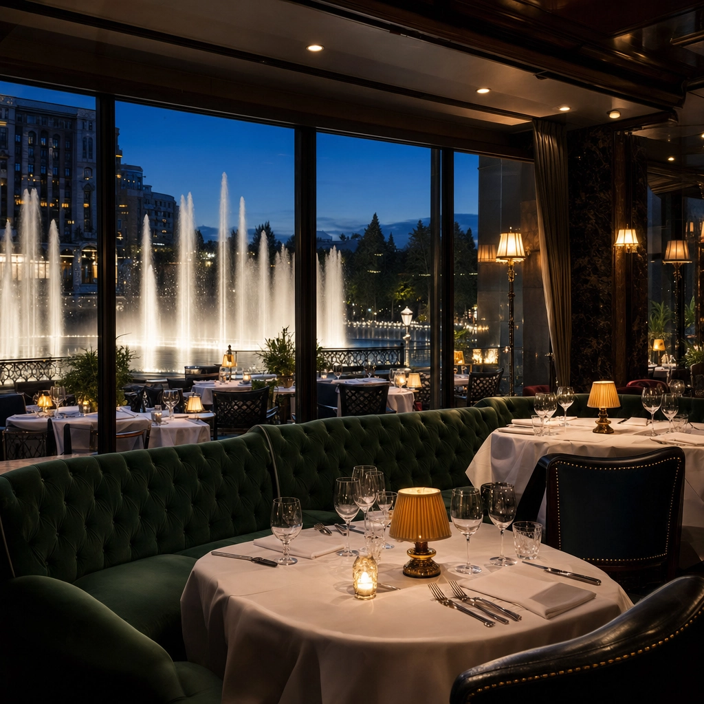 Prime Steakhouse Fountain View Terrace – Personal Sedan Services Plush jewel-toned Las Vegas steakhouse with a terrace overlooking illuminated fountains at dusk