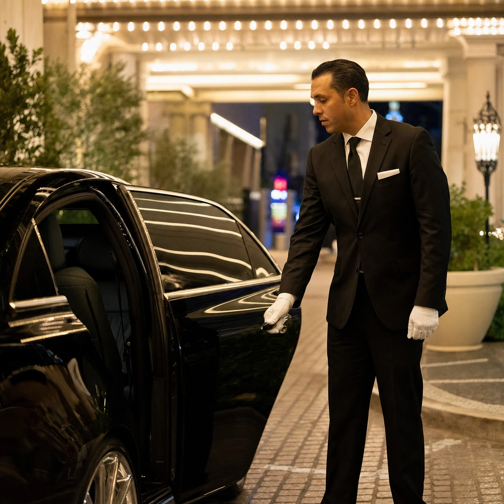 Bare-headed professional chauffeur in a dark suit opening a black sedan door at a luxury Las Vegas casino entrance at night