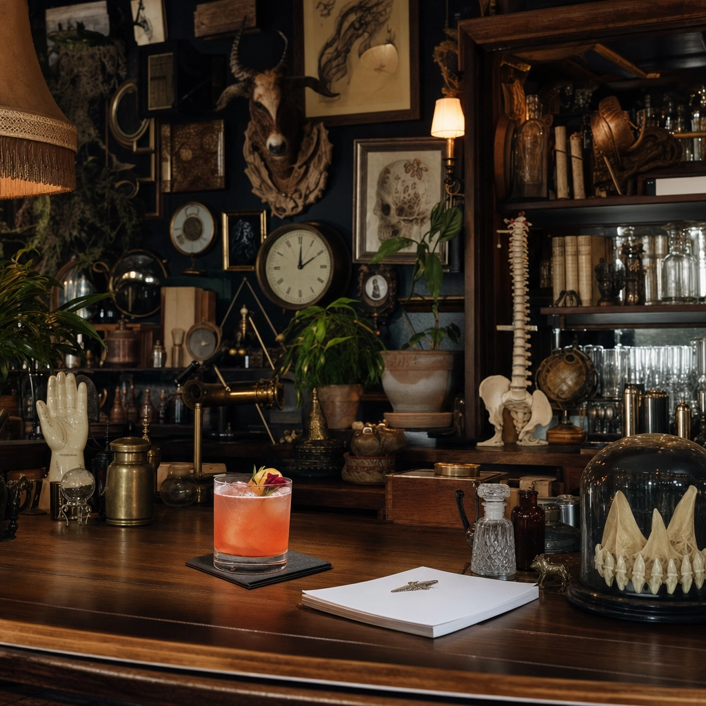 ReBar Antique Store Bar Arts District – Personal Sedan Services Cocktail among vintage antiques and curios on a wood bar in an eclectic Arts District bar