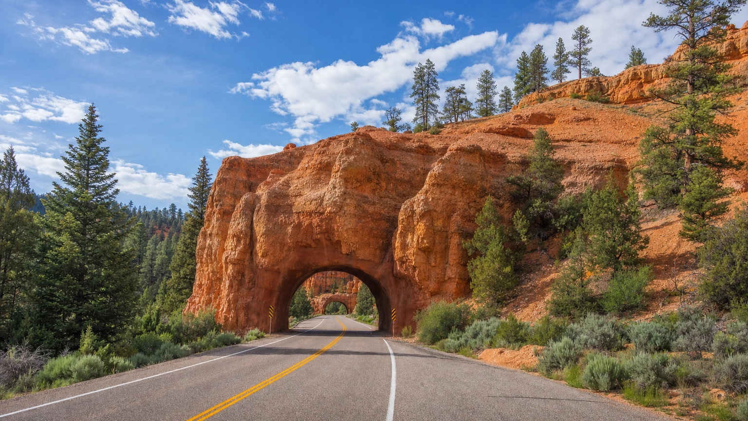 Red Canyon hoodoos and highway arches on Scenic Byway 12 just before Bryce Canyon