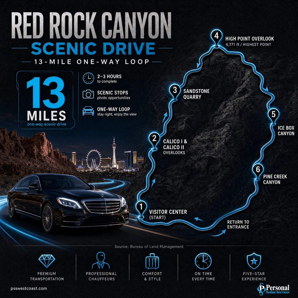 Red Rock Canyon 13 Mile Scenic Drive Stops – Personal Sedan Services Route infographic of the 13-mile Red Rock Canyon Scenic Drive loop with overlooks from Calico Hills to Pine Creek Canyon