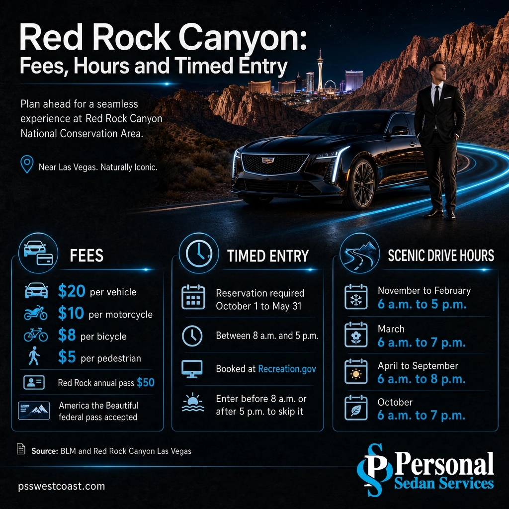 Red Rock Canyon Fees Hours And Timed Entry – Personal Sedan Services Infographic of Red Rock Canyon entrance fees, seasonal Scenic Drive hours, and the timed-entry reservation window