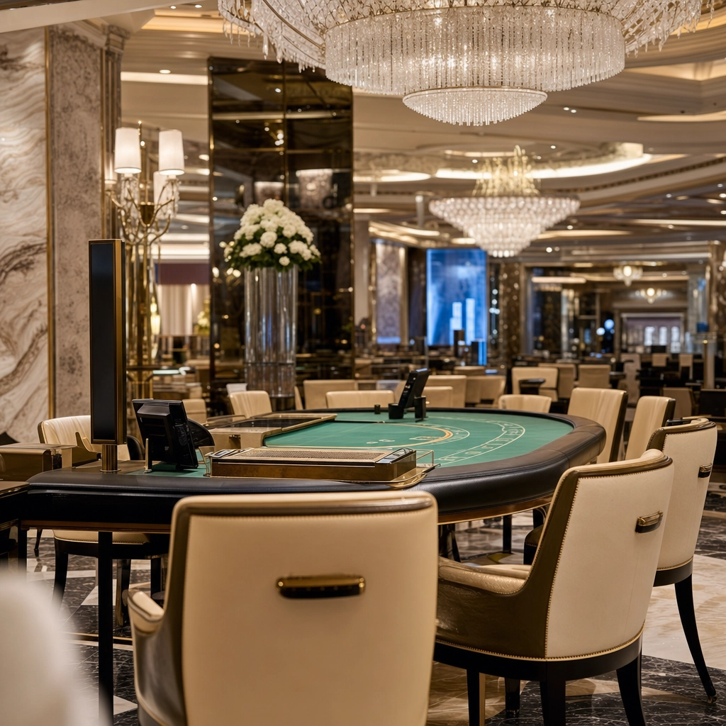 Opulent marble-and-crystal high-limit casino area with elegant lighting and green-felt tables