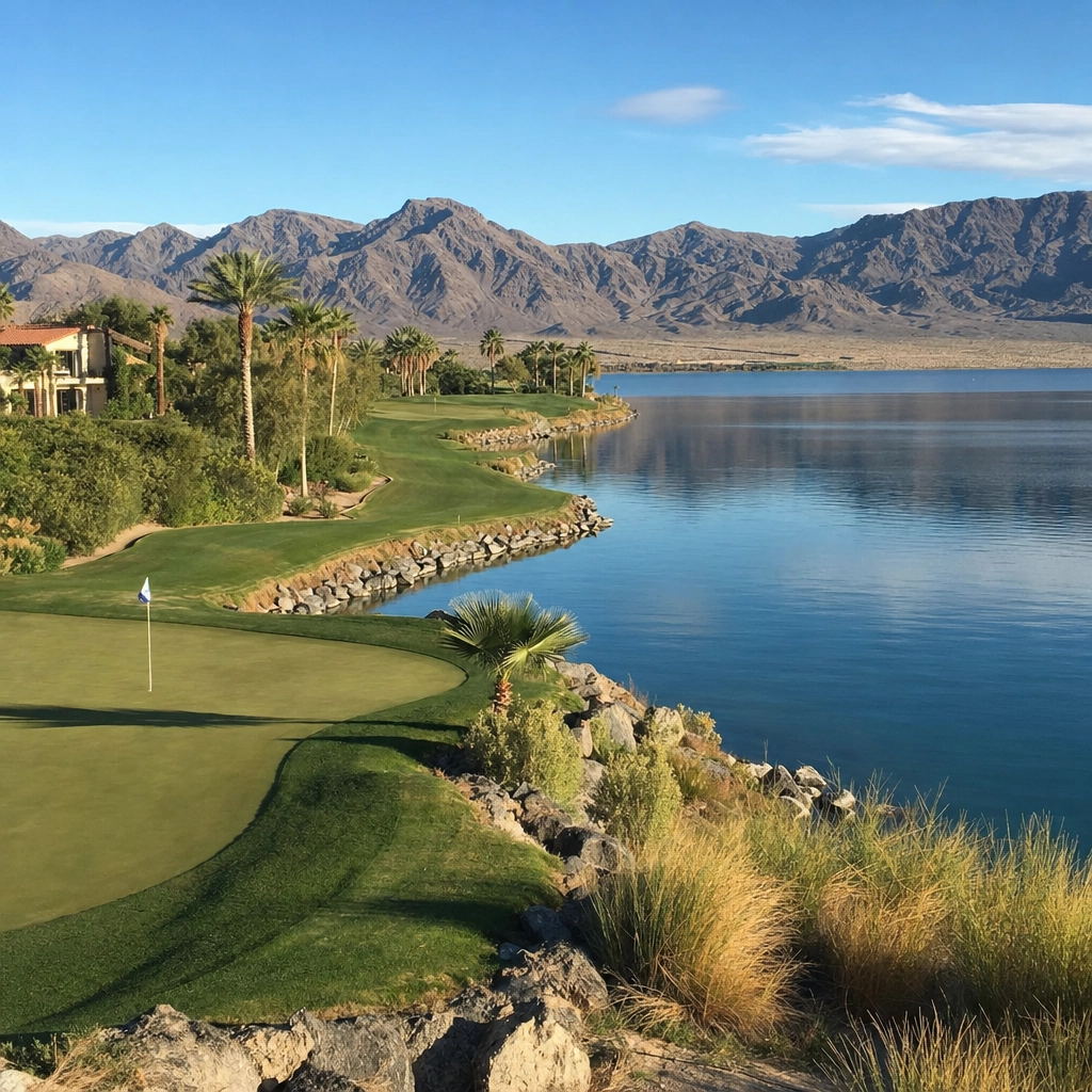 Reflection Bay Lakeside Golf Lake Las Vegas – Personal Sedan Services Reflection Bay golf green hugging the blue shoreline of Lake Las Vegas with desert mountains behind