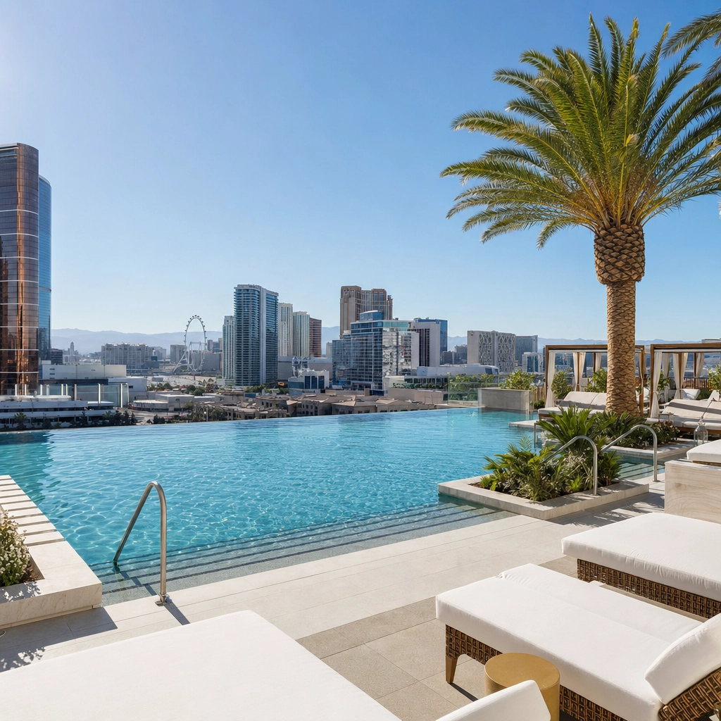 Resorts World Athena Infinity Pool – Personal Sedan Services Athena infinity pool at Resorts World Las Vegas overlooking the Strip skyline
