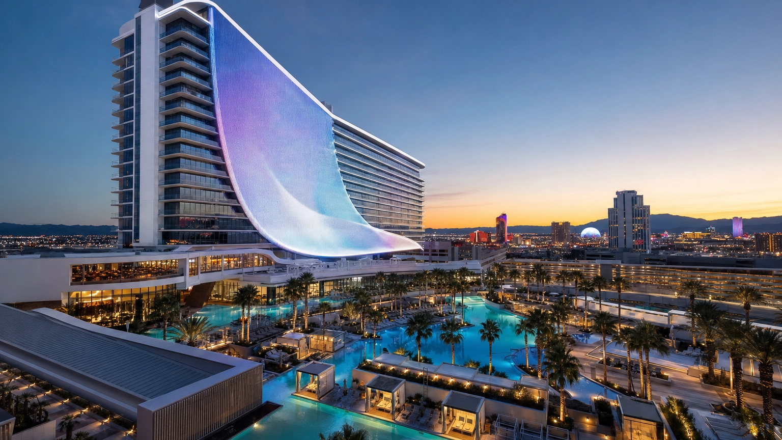 Resorts World Modern Mega-Resort At Twilight – Personal Sedan Services Brand-new modern mega-resort with a glowing facade and pool complex over the Las Vegas Strip, representing Resorts World