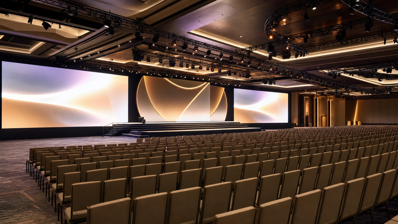 Resorts World Modern Pillarless Events Center – Personal Sedan Services Sleek modern Las Vegas resort events center with large LED walls set for a general session