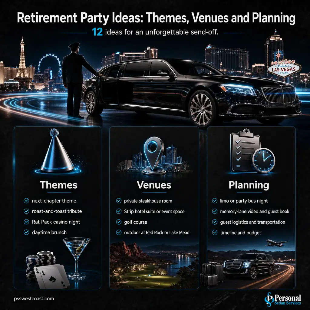 Infographic organizing 12 retirement party ideas into themes, venues, and planning columns