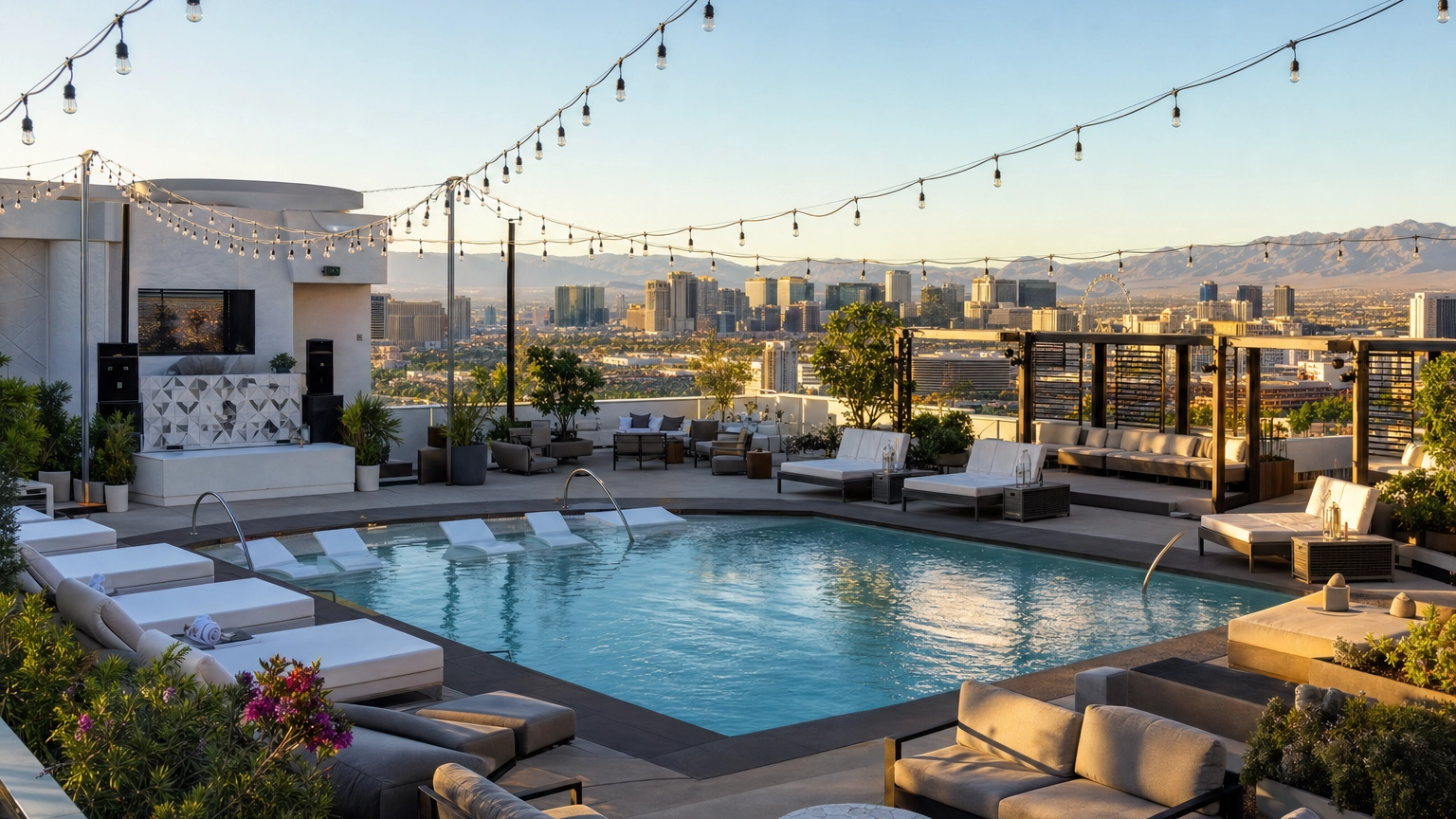 Rooftop pool deck with lounge seating and a DJ high above the Las Vegas Strip in golden light