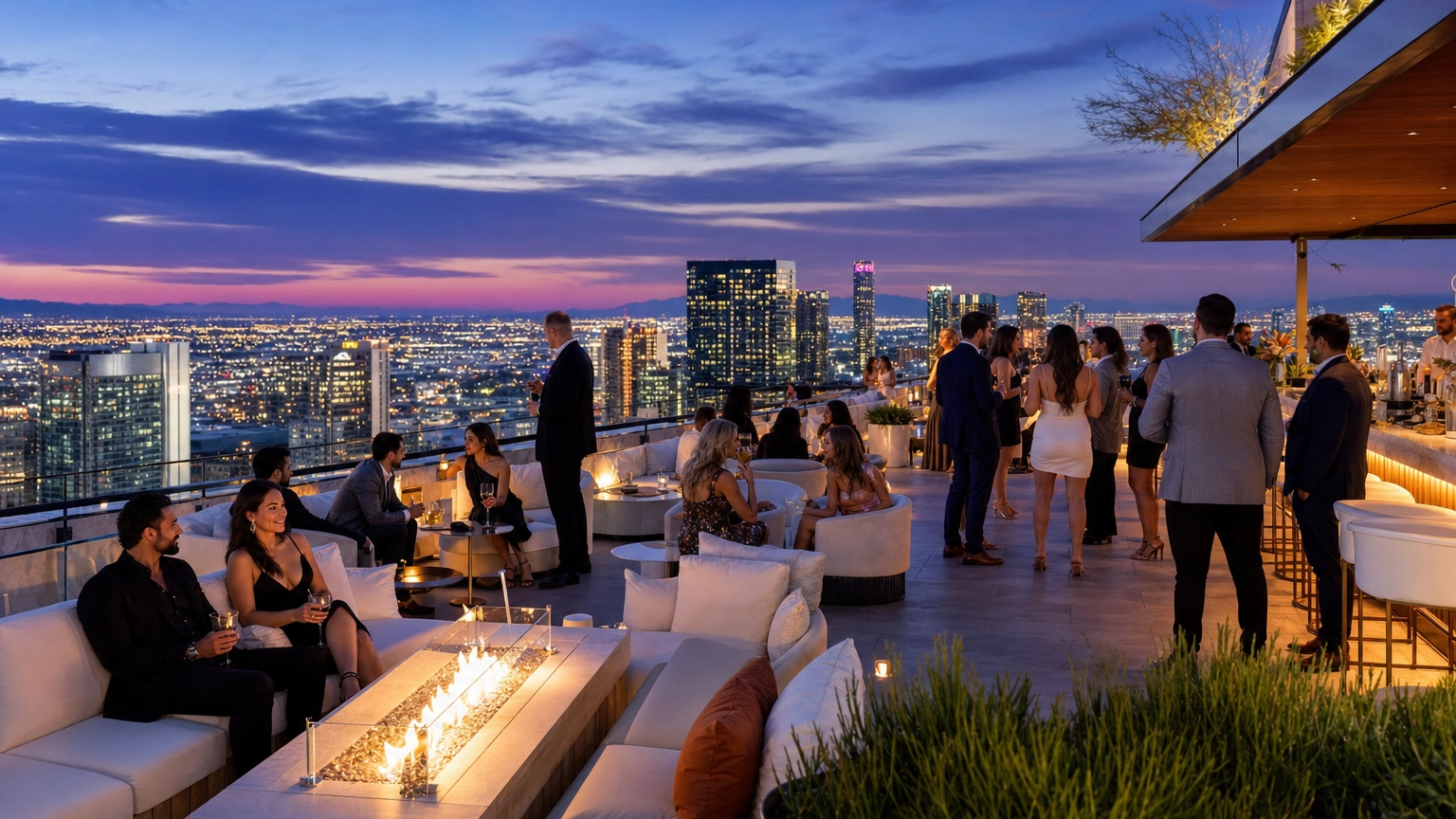 Upscale rooftop terrace lounge with fire pits high above the lit downtown Las Vegas skyline