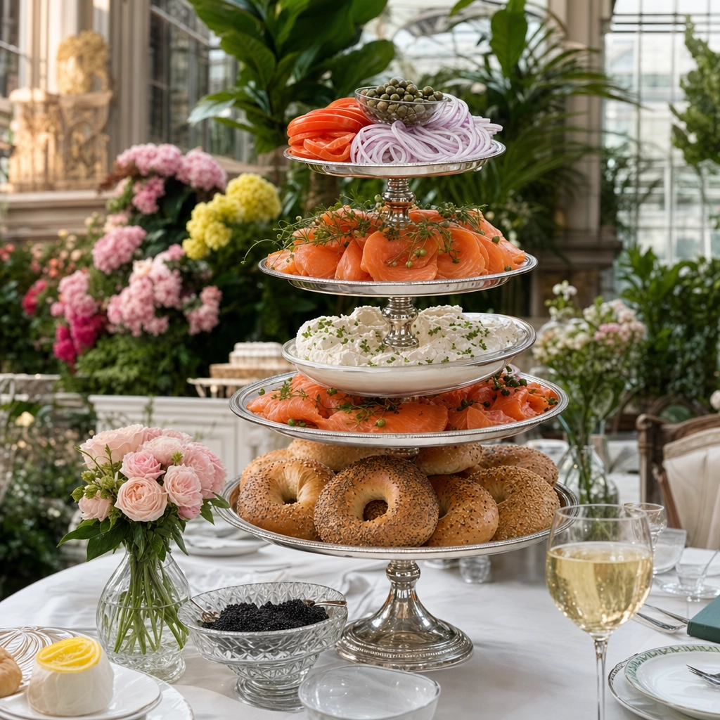Sadelles Salmon Bagel Tower Bellagio Conservatory – Personal Sedan Services Tiered salmon and bagel tower with caviar at a brunch table inside the Bellagio Conservatory