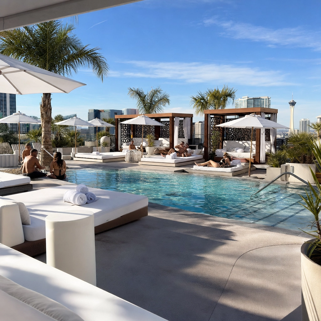 SAHARA Rooftop Pool On The North Strip – Personal Sedan Services Rooftop pool with cabanas at SAHARA Las Vegas on the north Strip