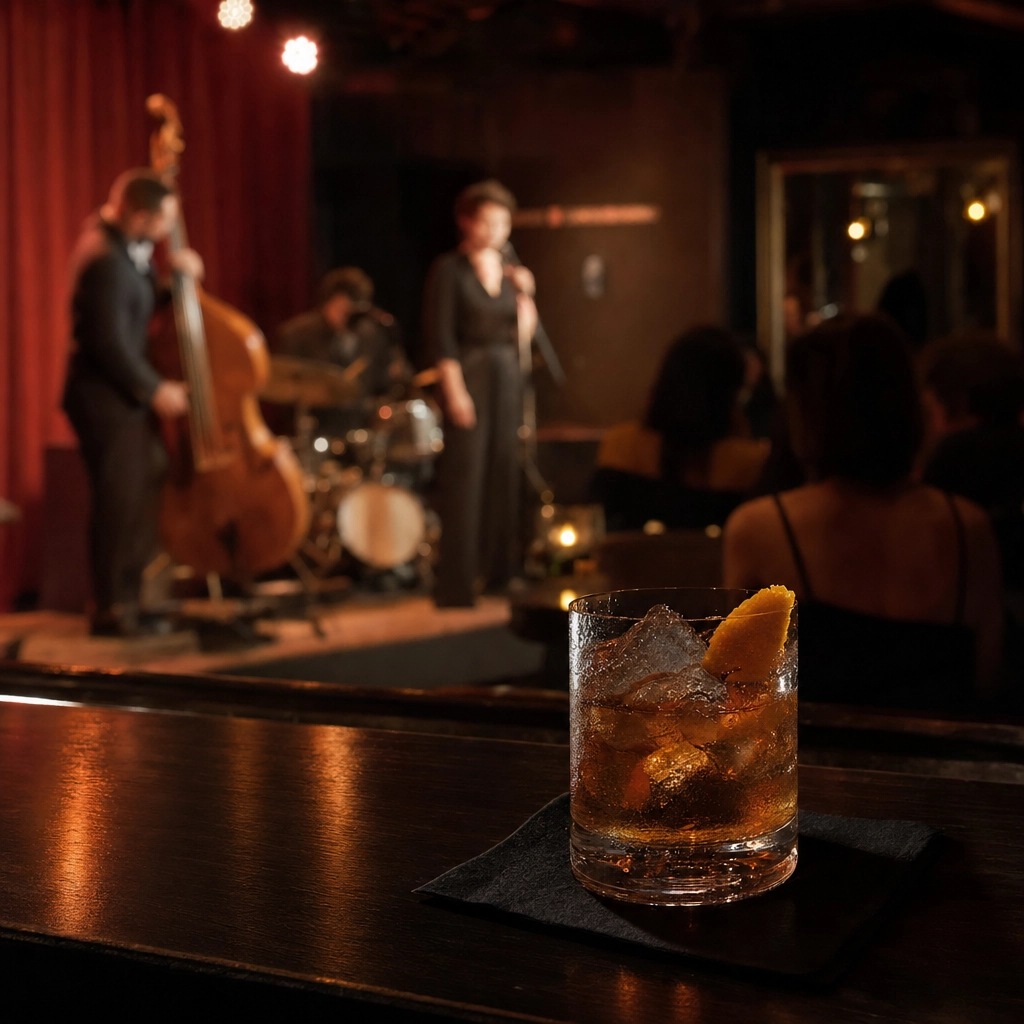 Sand Dollar Lounge Live Music Bar – Personal Sedan Services Cocktail on a bar in front of a small warmly lit live-music stage in a Las Vegas lounge