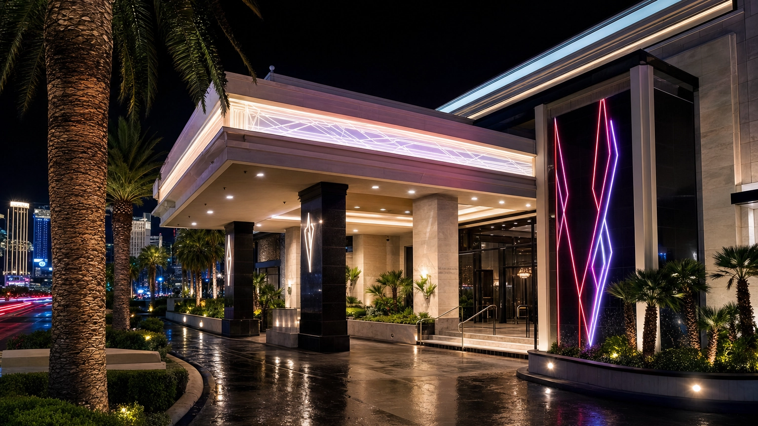 Upscale Las Vegas gentlemen's club exterior with neon signage and a valet lane at night, in the style of Sapphire