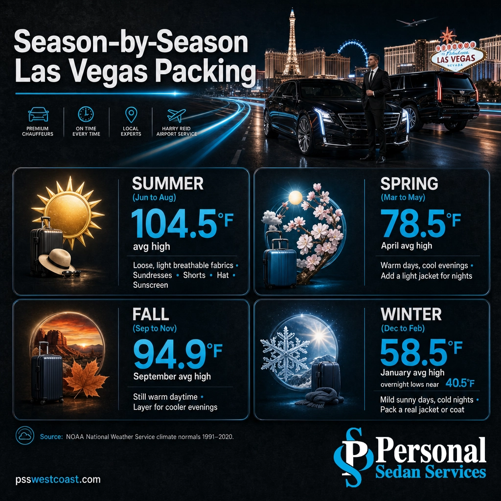 Season By Season Las Vegas Packing Guide With Temperatures – Personal Sedan Services Infographic of season-by-season Las Vegas packing with average temperatures
