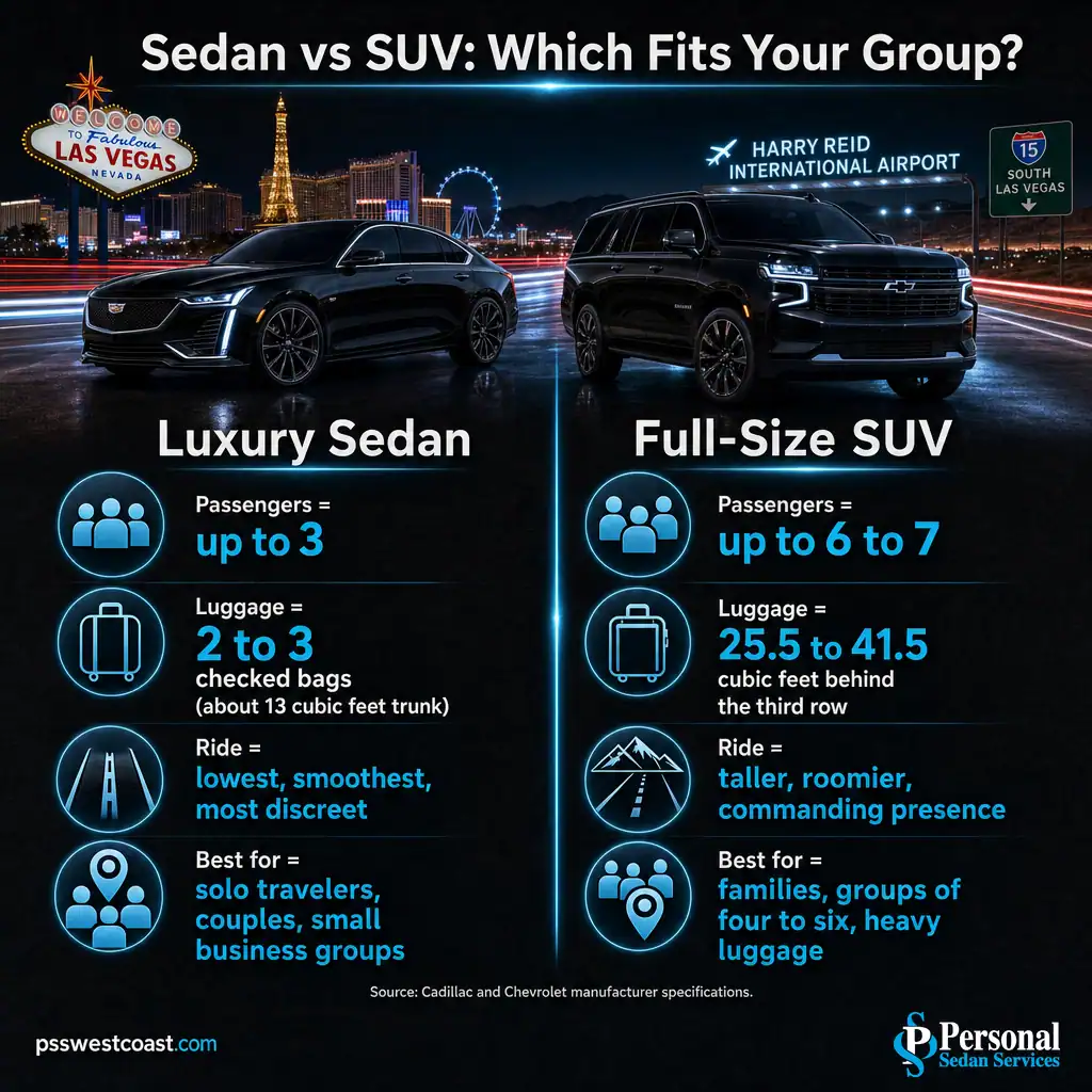 Sedan Vs SUV At A Glance Comparison – Personal Sedan Services Two-column infographic comparing a luxury sedan and full-size SUV on passengers, luggage, ride, and best use
