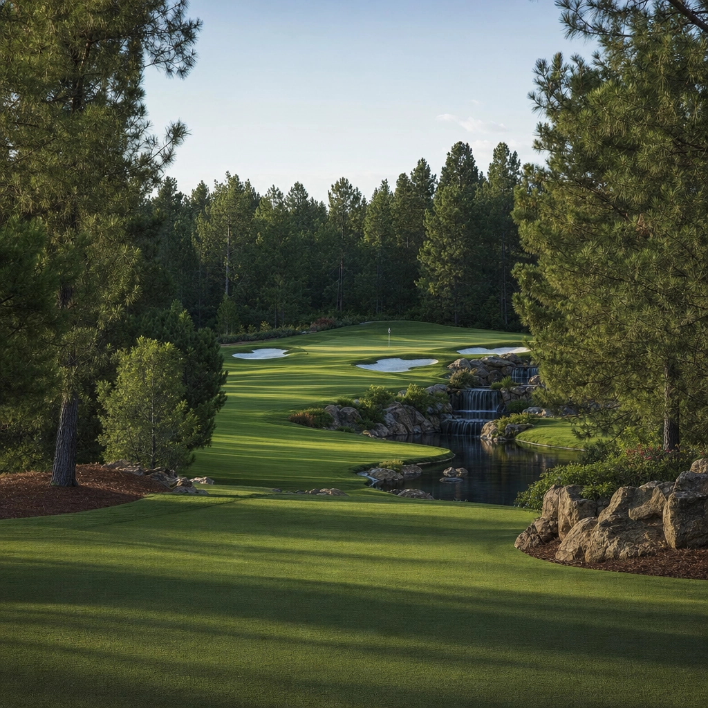 Shadow Creek Golf Course Secluded Pine Valley – Personal Sedan Services Secluded Shadow Creek golf hole framed by tall pines and a stream in North Las Vegas