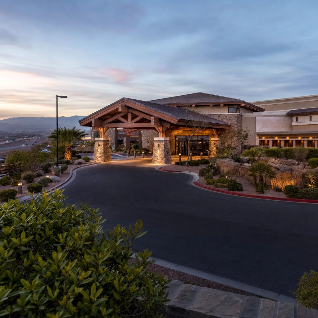 Silverton Casino Lodge Off-Strip Near Las Vegas Airport – Personal Sedan Services Relaxed rustic-modern off-Strip casino lodge exterior in the Las Vegas desert at dusk near the airport
