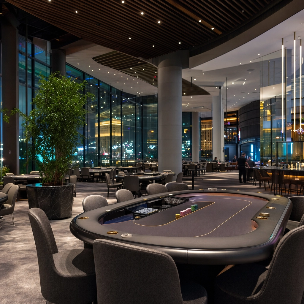 Modern glass-walled contemporary Las Vegas casino floor with clean minimalist upscale design