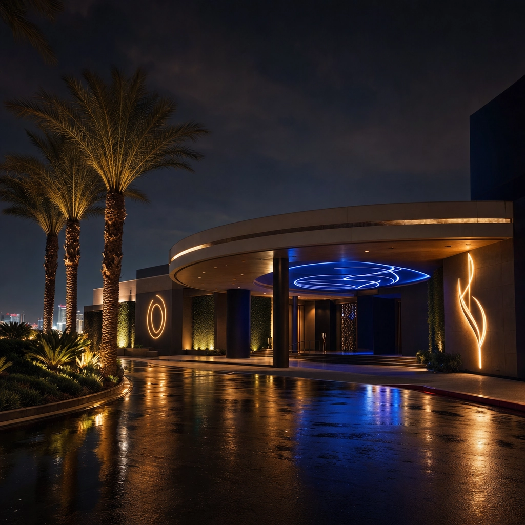 Discreet upscale Las Vegas gentlemen's club exterior with amber and blue neon glow at night, in the style of Spearmint Rhino
