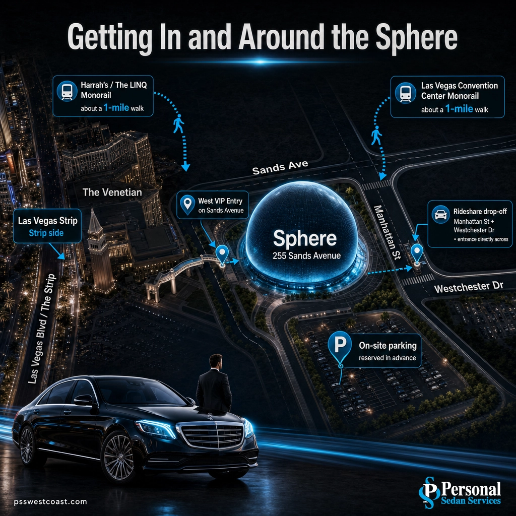 Map infographic of Sphere Las Vegas entrances, rideshare drop-off, parking, and monorail stations