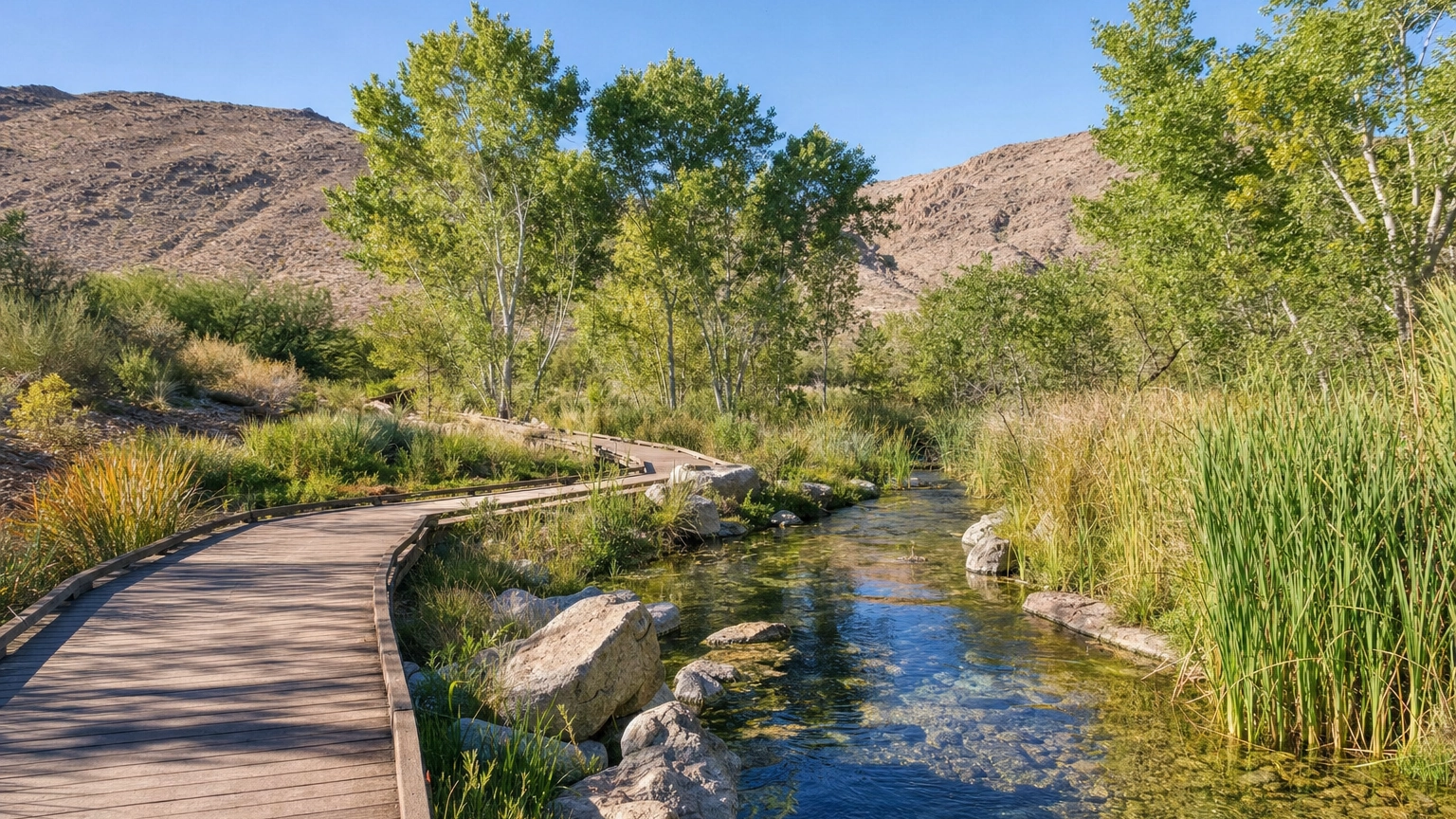 Springs Preserve Restored Wetland Meadow Boardwalk Las Vegas Nevada – Personal Sedan Services Restored green wetland and boardwalk at the Springs Preserve in Las Vegas, on the site of the original artesian springs