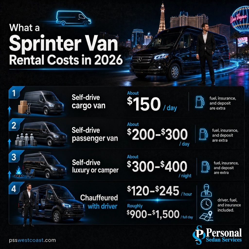 Sprinter Van Rental Cost Tiers For 2026 – Personal Sedan Services Infographic showing four Sprinter van rental cost tiers from self-drive cargo up to chauffeured with a driver