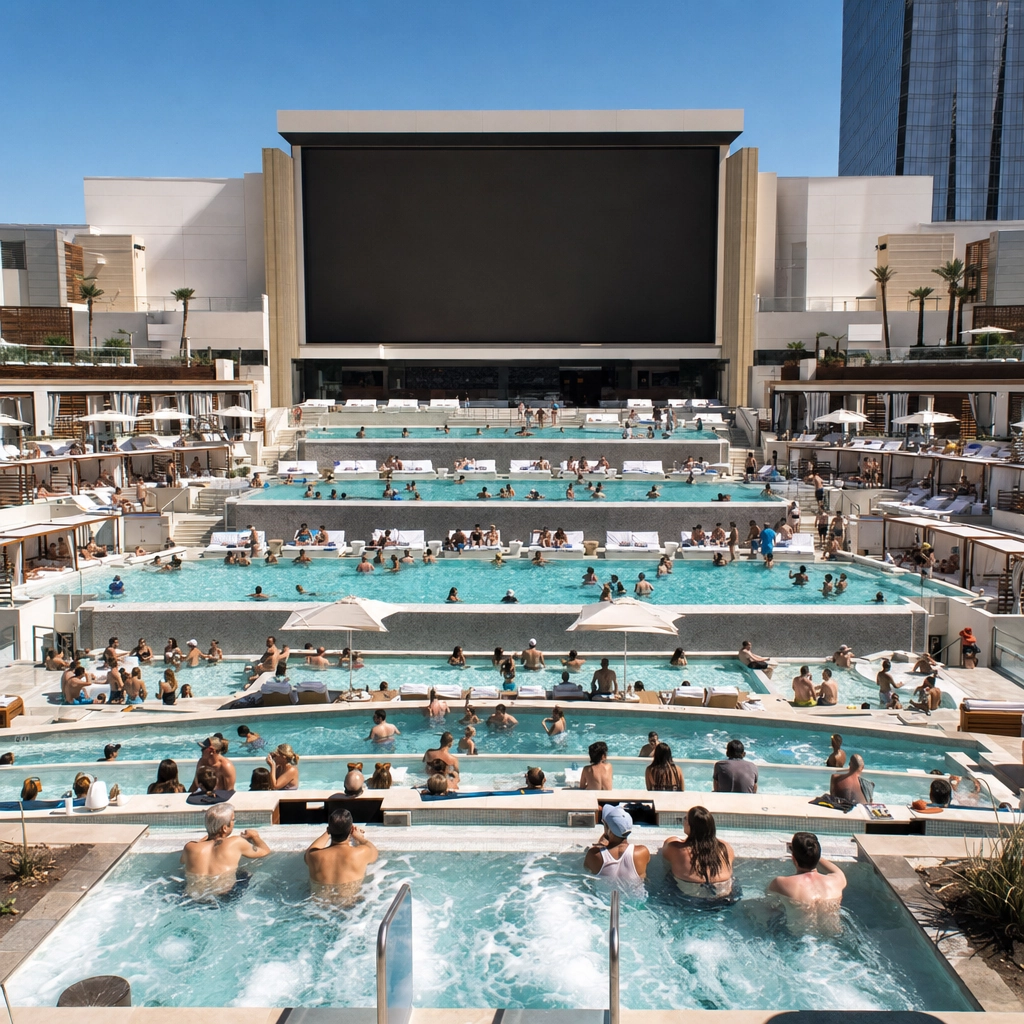 Stadium Swim Circa Las Vegas Pool Amphitheater – Personal Sedan Services Multi-level Las Vegas pool amphitheater with tiered pools facing a giant video screen and a daytime crowd