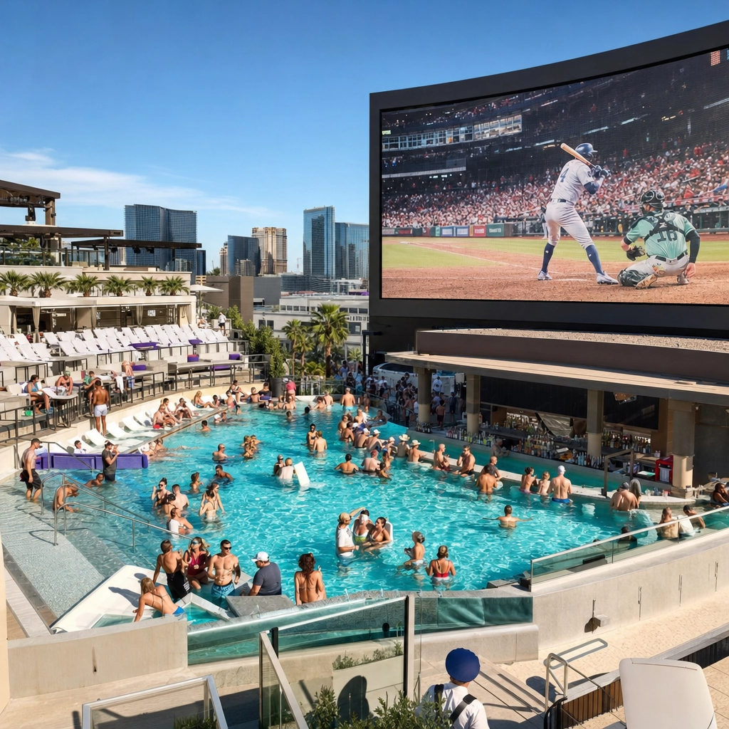 Stadium Swim Tiered Pools At Circa – Personal Sedan Services Tiered heated pools facing a giant sports video wall at Stadium Swim, Circa Las Vegas